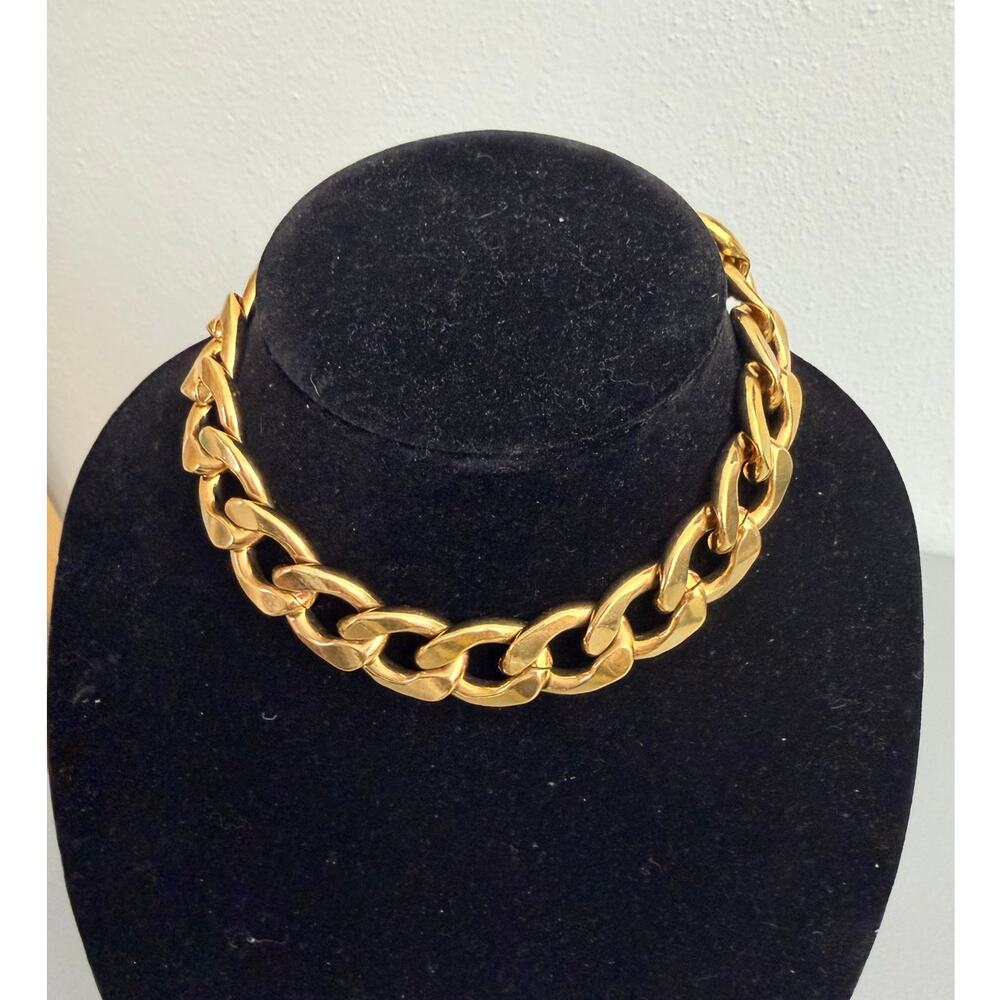 Michael Kors Gold Chain Link Necklace Leather Clasp Statement Chunky